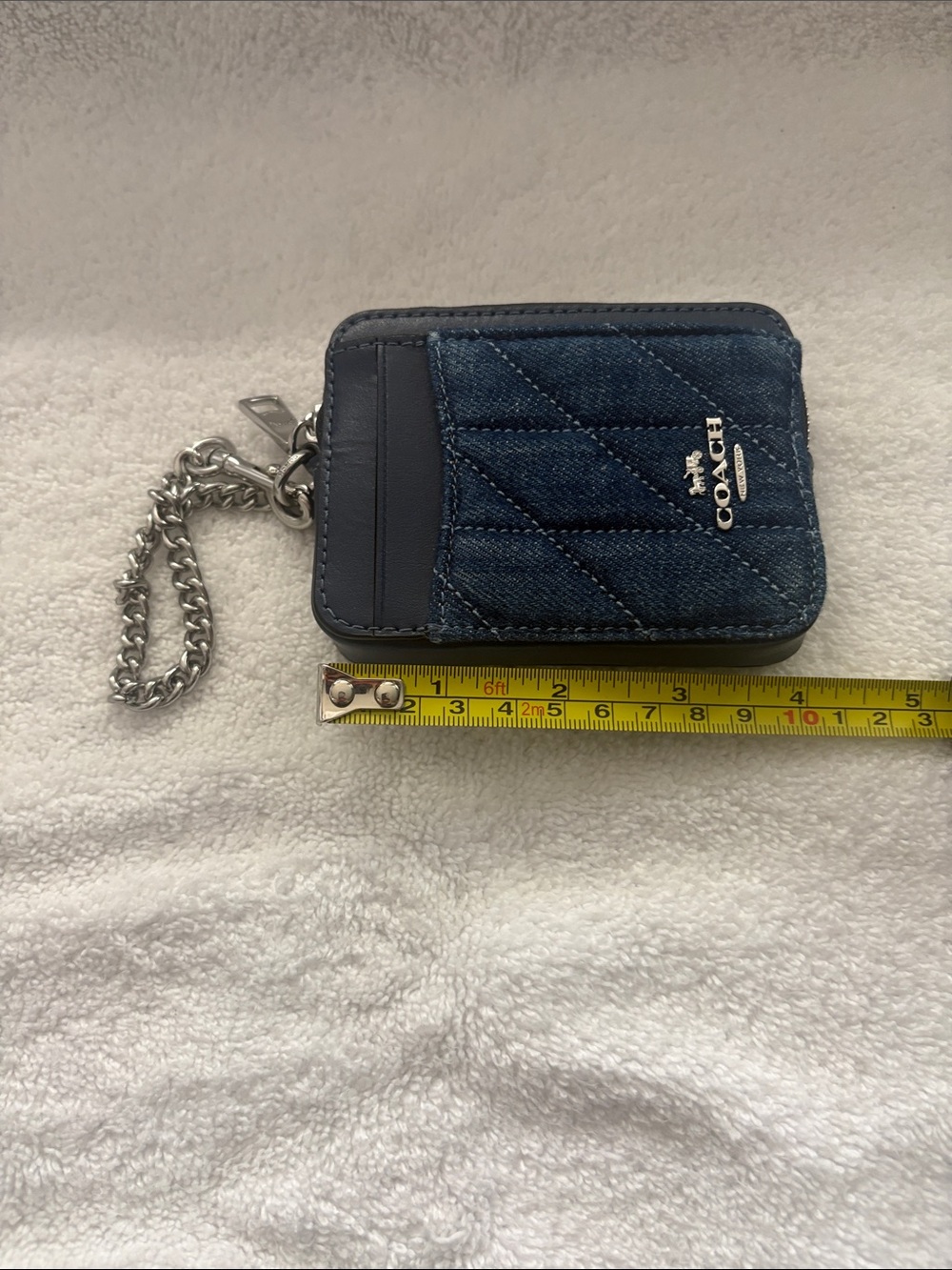 Coach Men's Quilted Denim Key & Card Holder in Dark Blue with Silver Chain